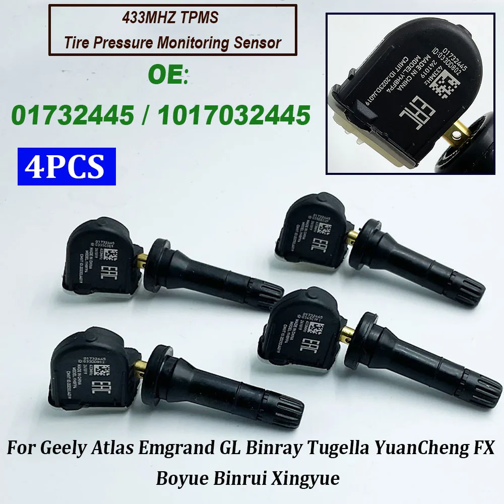 

4PCS For Geely Atlas Pro Atlas Tugella Tugella L Atlas Emgrand Gse Binray 01732445 1017032445 TPMS Tire Pressure Sensor 433MHz