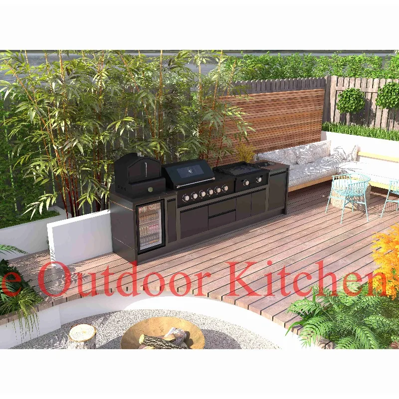 Modern Aluminum 304 Stainless Steel Outdoor Kitchen Cabinets Set Sink Waterproof Laminate Artificial Marble Modular Apartment