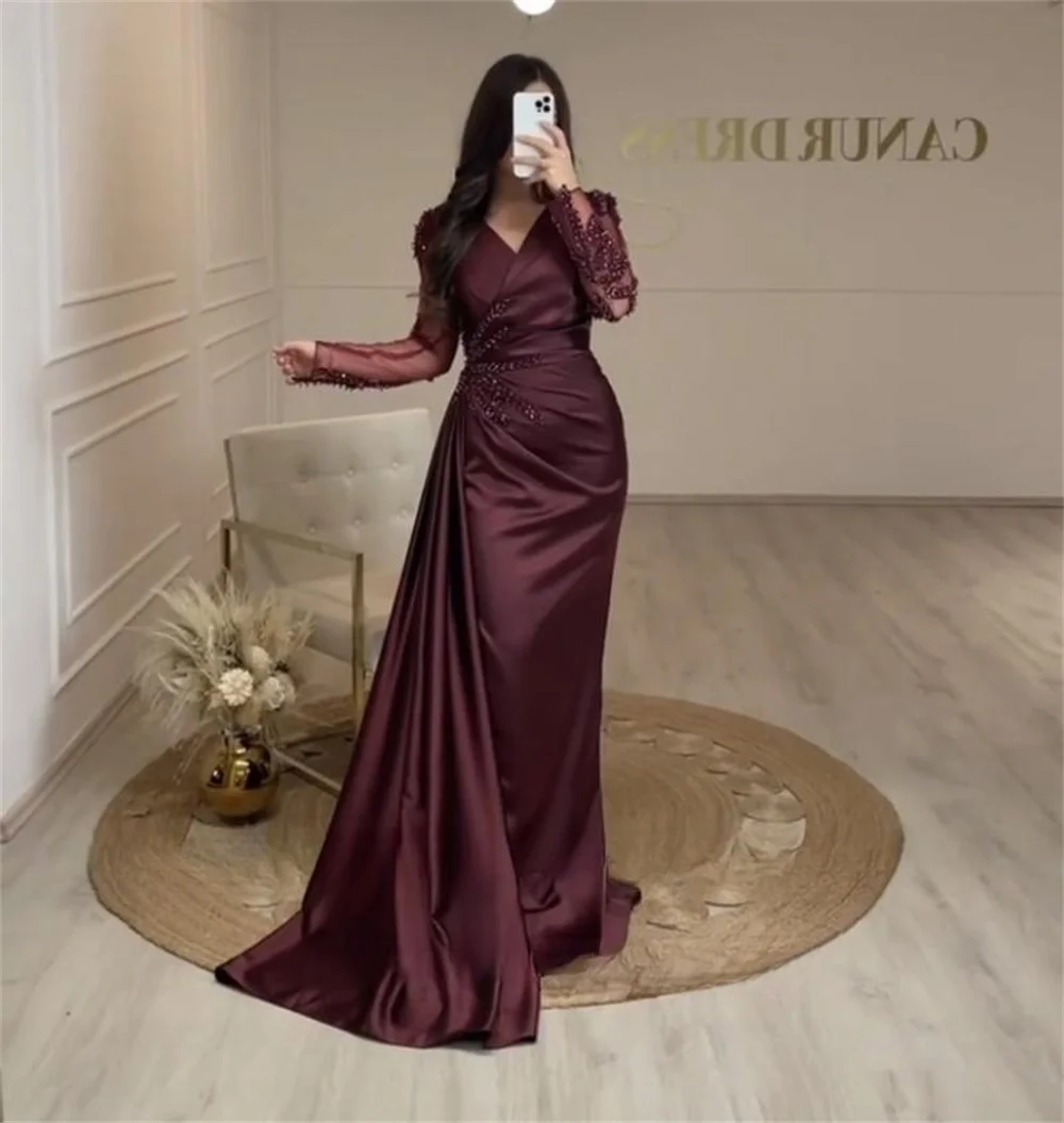 Annie Satin Beading Prom Dresses V Neck Long Sleeves فساتين السهرة Luxurious Dubai Arab Skirt Mopping The Floor Serenehill