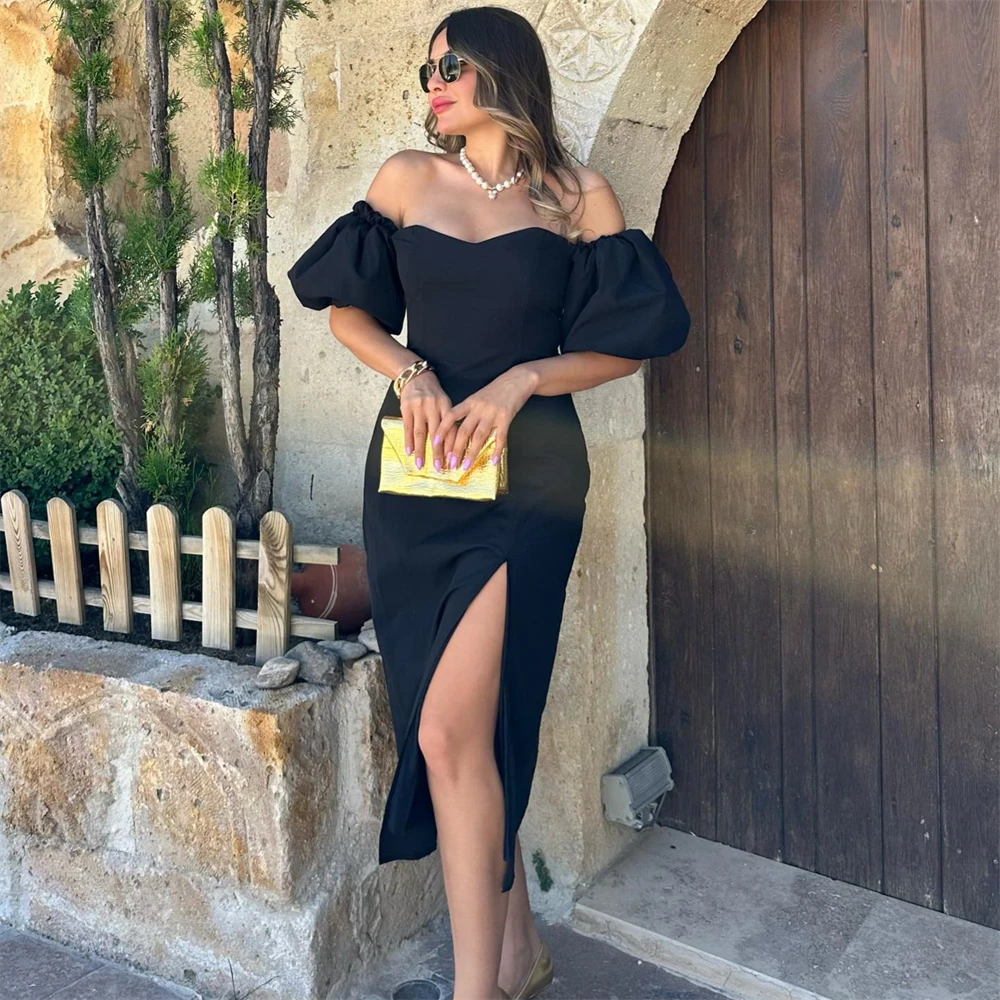 

Simple Black Boat Neck A-Line Lace Up Formal Occasion Prom Dresses Slit Tea-length Women Evening Party Dress فساتين السهرة