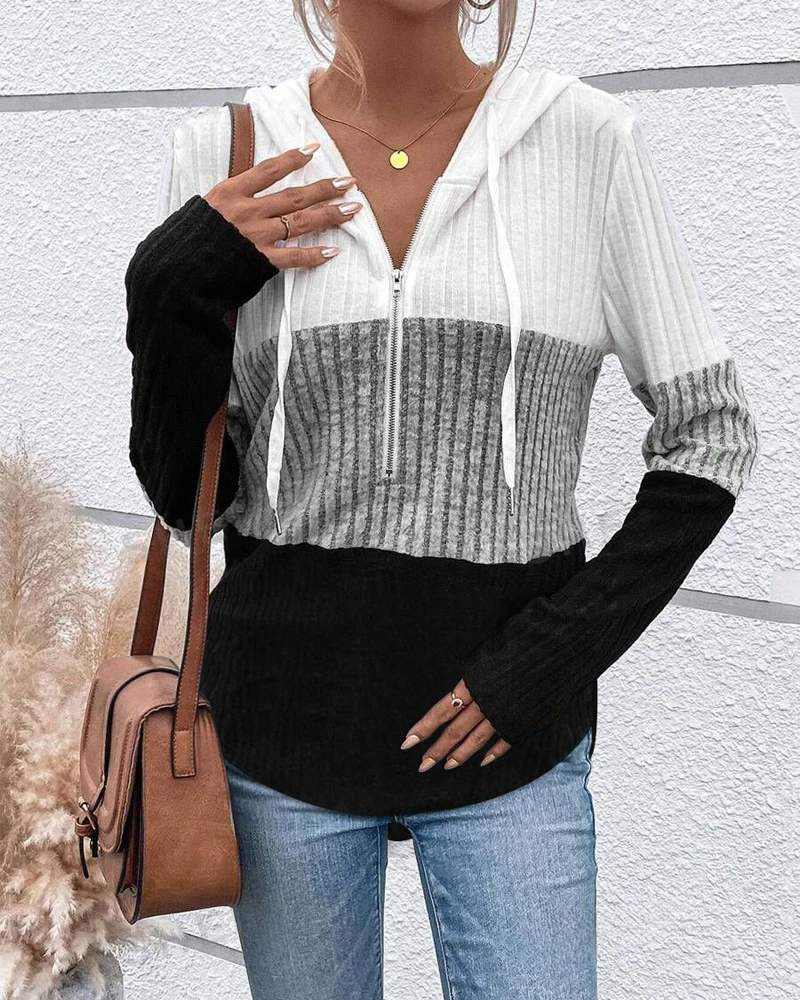 

Elegant Striped Colorblock Half Zip Up Hoodie Casual Long Sleeve Pullover Tops 2025 Autumn Winter Spring New Fashion Casual