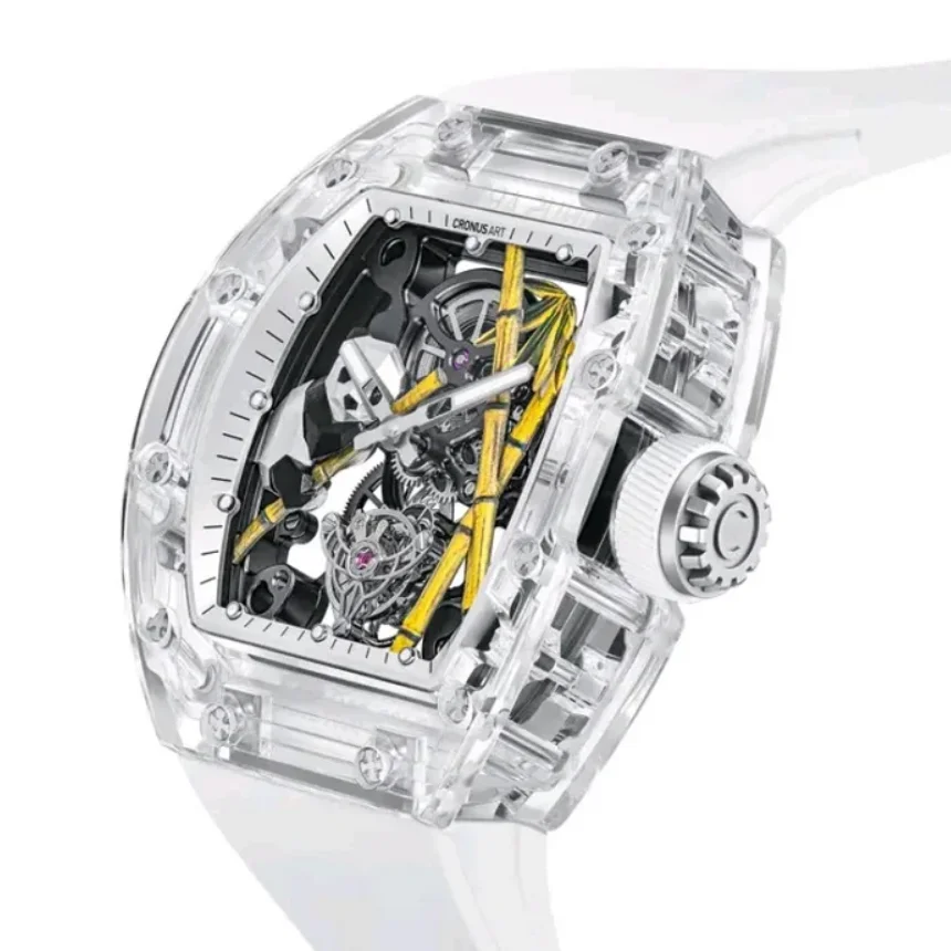 CRONUSART Men Tourbillon Watch 50mm Tonneau Mechanical Wristwatch Sapphire Case & Mirror Skeleton Panda Dial Fluororubber Strap