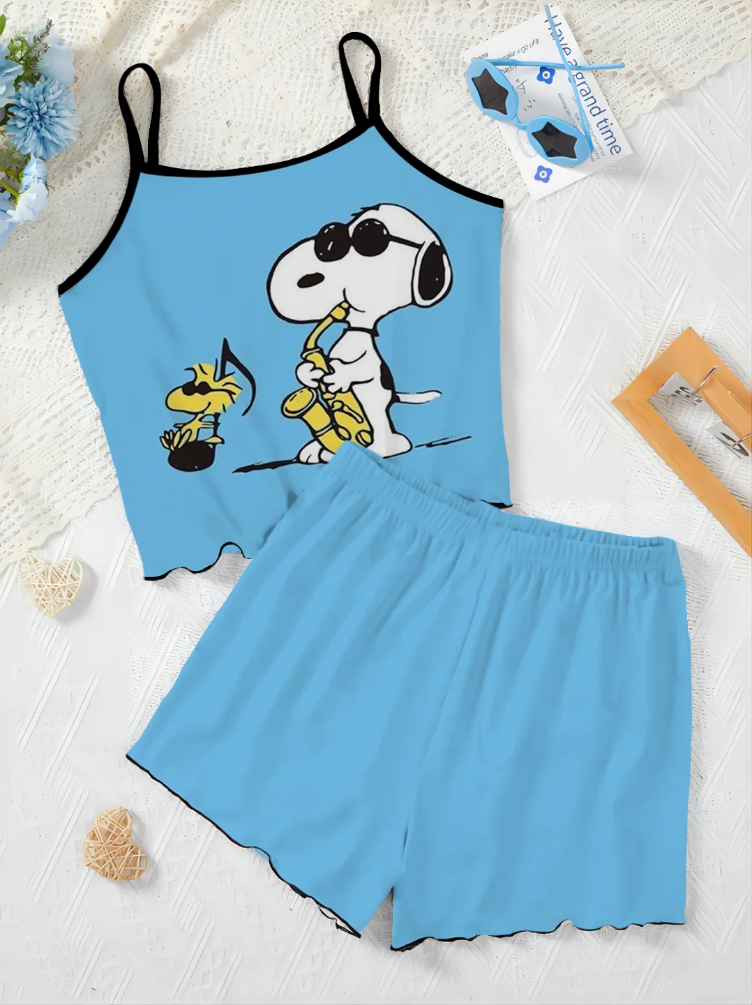 Top Set Frau 2 Stück schicke und elegante Hosen Sets Salat Trim Slip Kleid T-Shirt Pyjama Rock Damen anzug snoopy kurzen Luxus