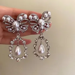 French Retro Pearl Bowknot Water Drop Pendant Earrings Exaggeration Korean Fashion Earings for Women Girls Party Jewelry