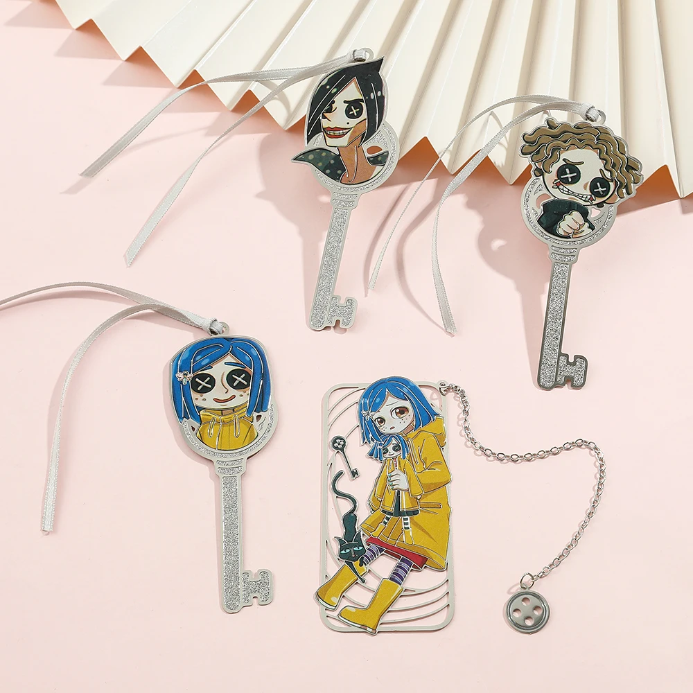 Cartoon Coraline & the Secret Door Bookmarks Coraline Badge Key Shape Metal Tassel Pendant Bookmark Accessories Gifts