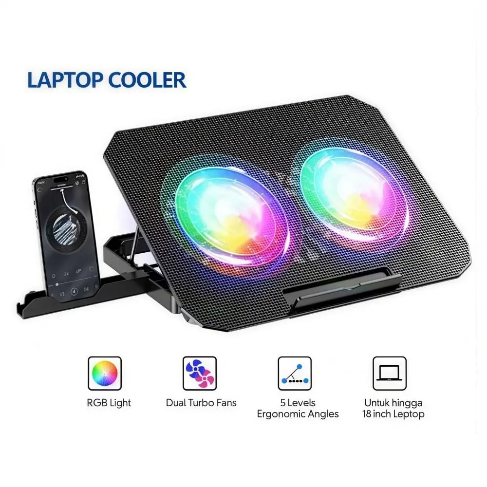 

Two Fan Laptop Cooler RGB Adjustable Large Cooling Pad Stand with Phone Holder 7-speed Adjustment Laptop Cooling Base