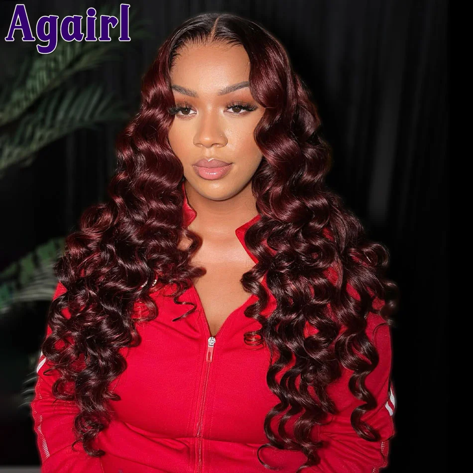 Wig depan renda gelombang dalam longgar 1B/99J 13X4 13X6 wig rambut manusia Ombre merah tua transparan 6X4 wig penutup renda UNTUK WANITA warna hitam