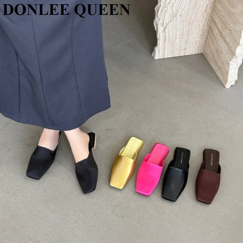 Fashion Square Toe Flat Slippers Women Casual Slip On Mule Luxury Brand Outside Slide Elegant Satin Lady Shoes Sandal Flip Flops