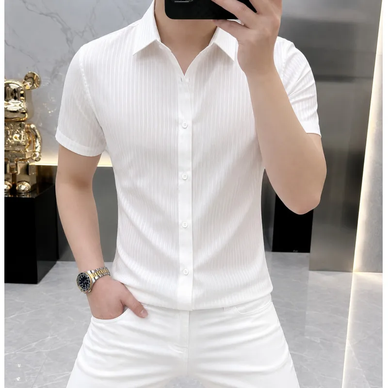 2026 model summer men's white striped short-sleeved shirt, men's slim-fit business formal high-end non-stretch shirt
