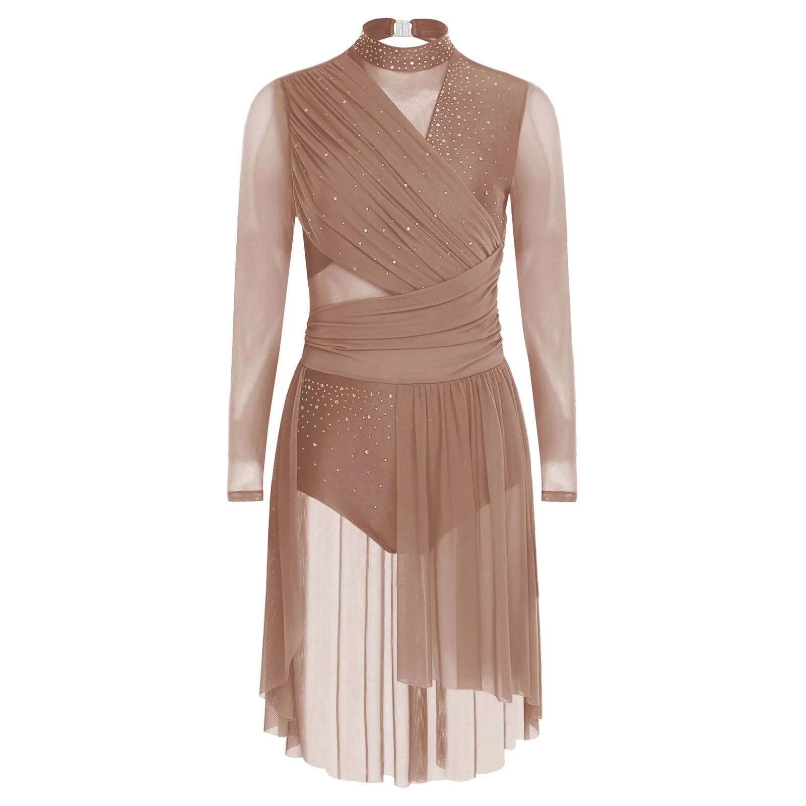 Abito da ballo da donna Costumi di scena di danza lirica moderna contemporanea Abito body senza schienale con strass scintillanti a maniche lunghe