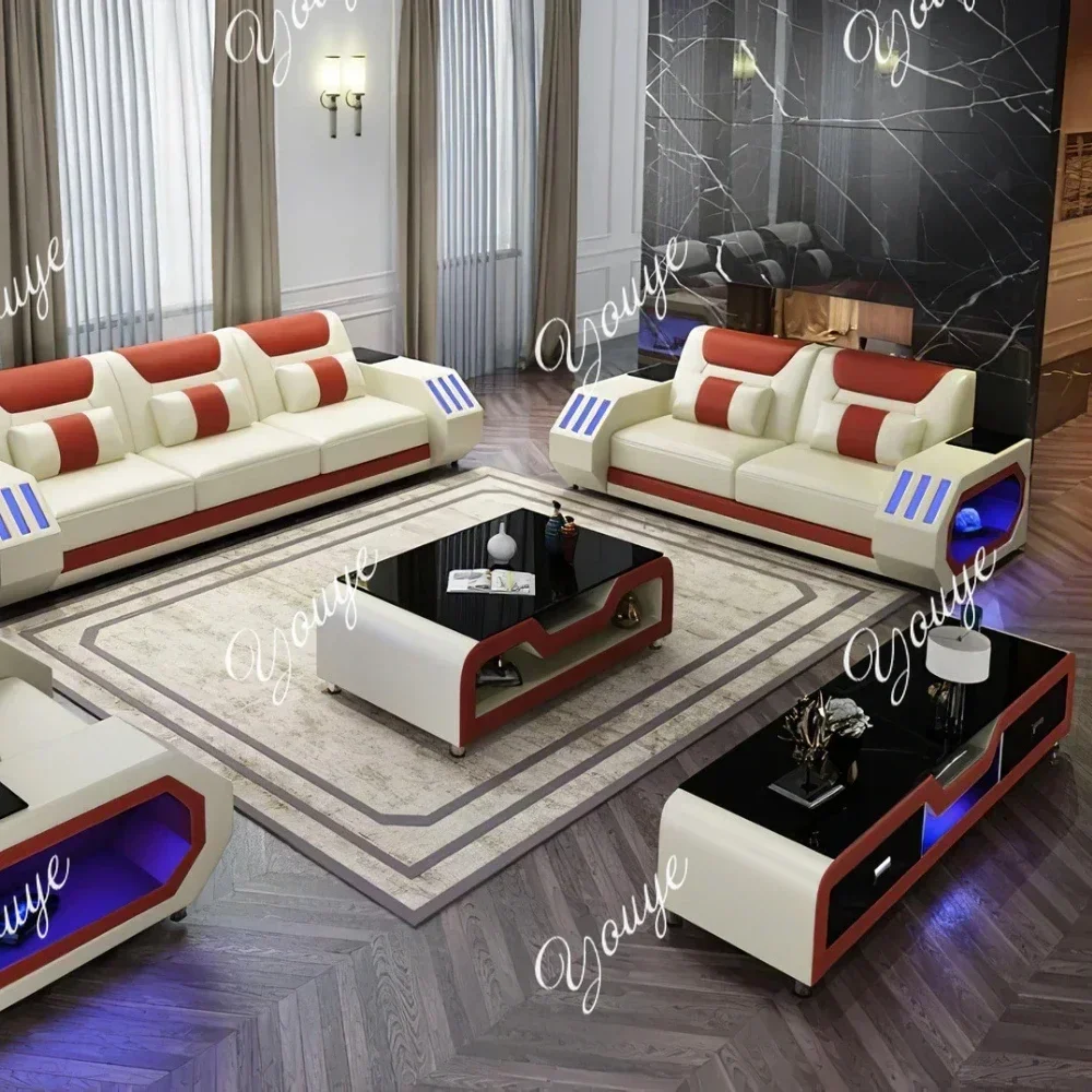 SsL-J Futuristic LED Italian Genuine Leather Sofa Set – Modern Sectional Couch With Illuminated Arm Storage And High-Density Cus