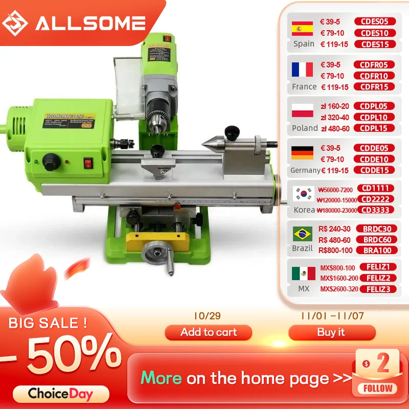 

ALLSOME BG-3309 Mini Wood Lathe Machine Variable-Speed Benchtop Woodworking Lathe Rotary Tool Buddha Pearl Grinding Polishing DI