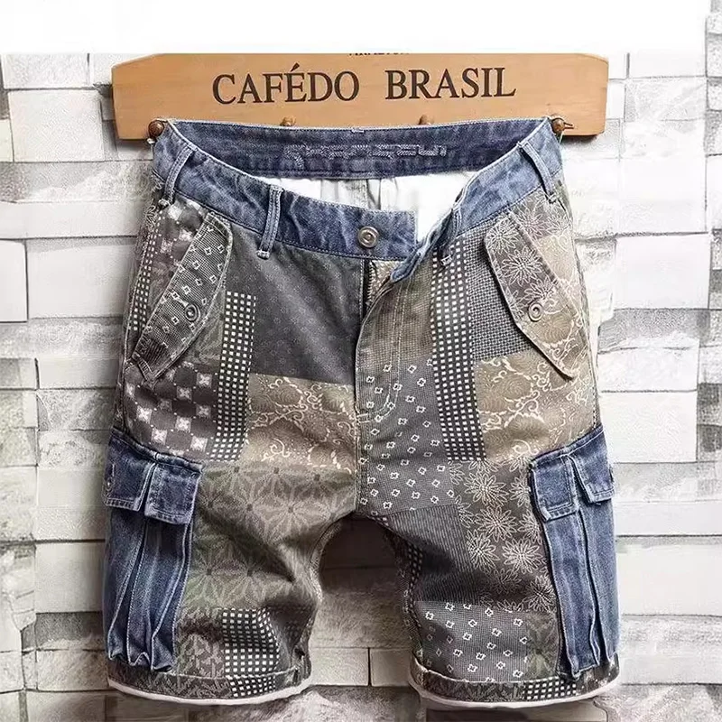 

Men's Denim Shorts Workwear Trendy Color Blocked Five Quarter Pants Summer Daily Casual Wear