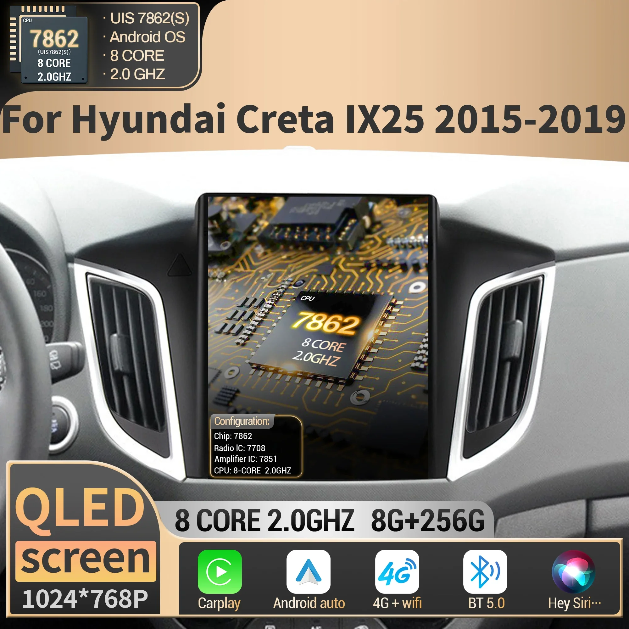 9,7 pulgadas Android para Hyundai Creta IX25 2015 2016 2017-2019 Radio de coche sistema de navegación Multimedia GPS Carplay pantalla QLED