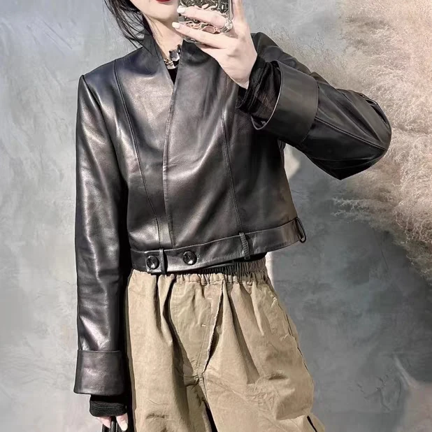 Modne, prawdziwe skórzane kurtki damskie z dekoltem w serek, z wykończeniem na mankietach, z wysokim stanem, codzienna odzież wierzchnia w stylu europejskim...