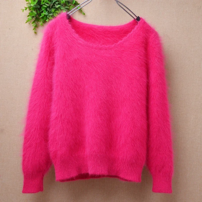 Casual Fashion Ladies Women Fall Winter Clothing Hairy Mink Cashmere Knitted O-Neck Short Style Slim Blouses Pullover Sweater