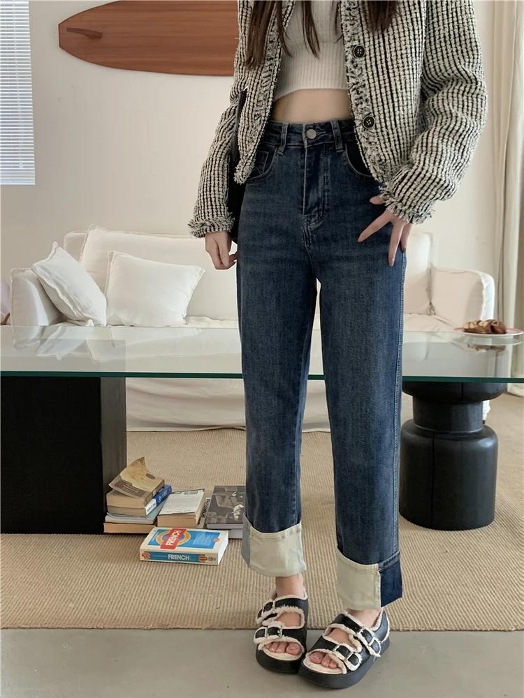 

High Waist Flared Jeans Women's Sle Spring 2023 Straight Leg Elastic Slimming Large Size Hot Girl Design Deep Color