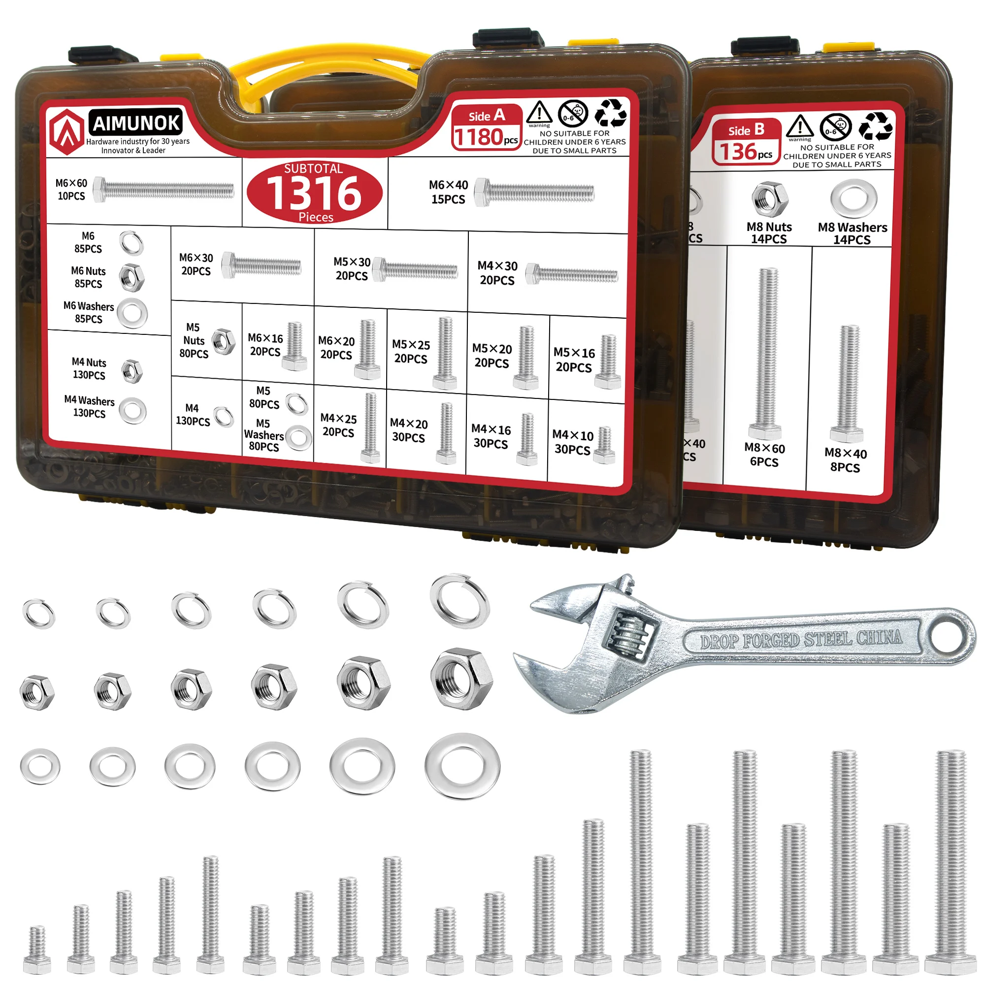 

AIMUNOK 1316pcs 304SS Hex Bolt & Nut Set (M4-M12) 2-Sided Case w/ Universal Wrench - Corrosion Resistant for Furniture Car & DIY