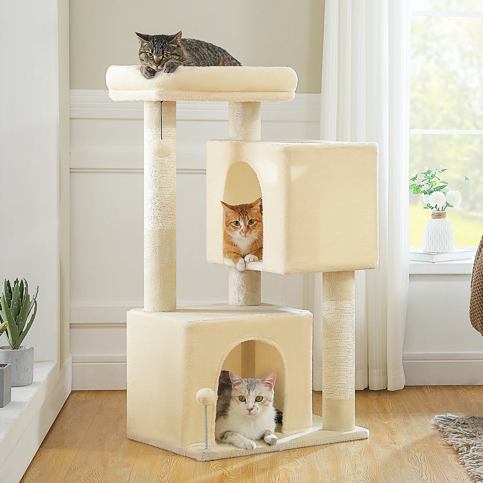 

44Inches Cat Tree Tower with Extra Large Cat House,Spacious 2-Door Condo,Replaceable&Spare Pompom,Natural Sisal Scratching Posts
