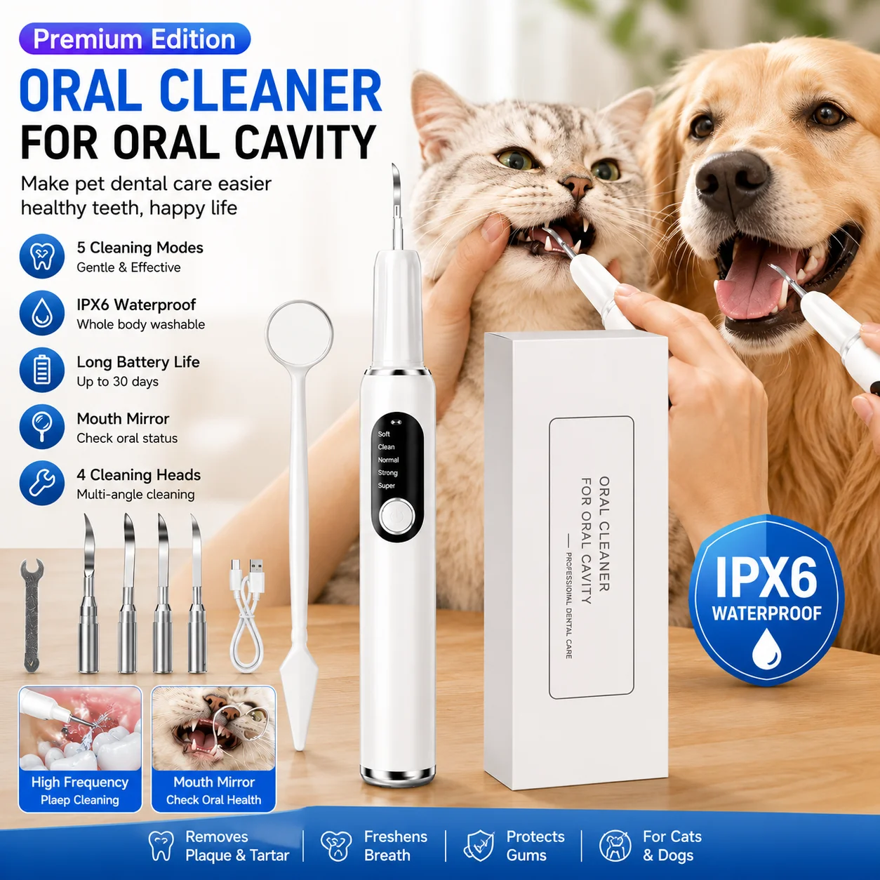 Pet Puppy Ultrasonic Dental Scaler for Dogs & Cats, LED Light with 5 Pattern Pet Teeth Cleaner for Tartar, Plaque & Stain Remova