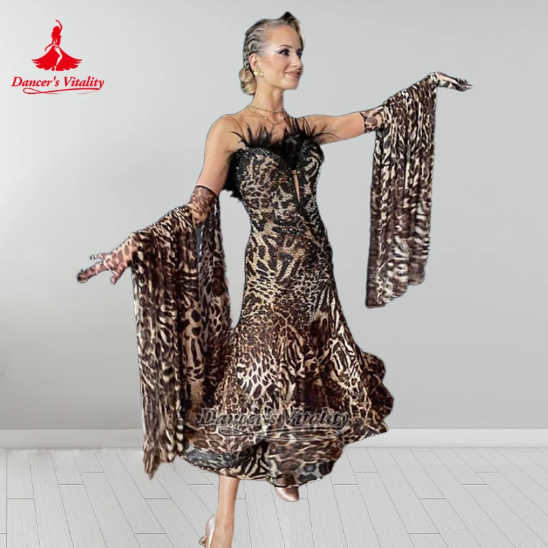الرقص الاجتماعي الحديث الفاخرة AB الحجارة بلا أكمام ليوبارد طباعة حبال فساتين راقصة حيوية الفالس فوكستروت الملابس حسب الطلب #1