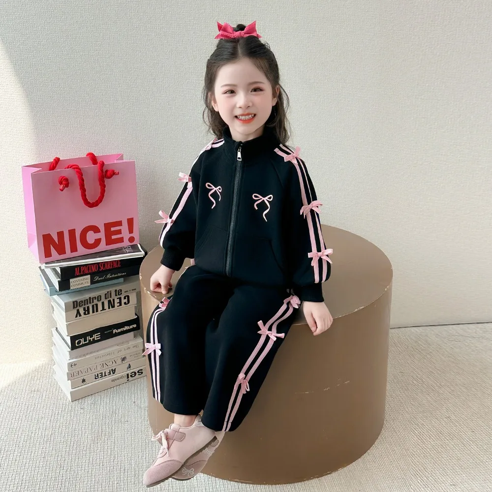 Bear Leader Little Girl Sports Set Spring and Autumn New Children's Fashion Wear Bow Zipper Long Sleeve Coat+Pants Two Piece Set