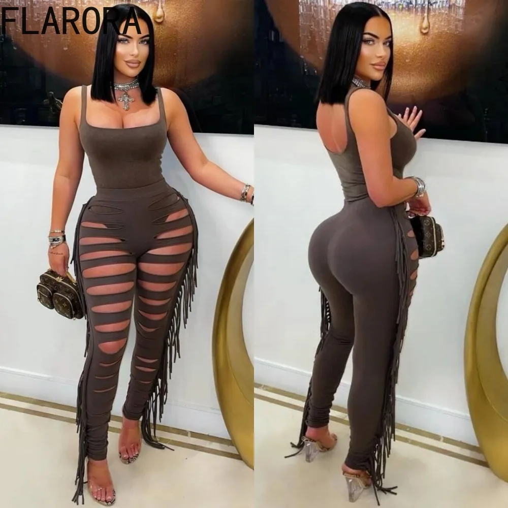 

FLARORA Sexy Tassel Two Piece Sets Woman Spaghetti Strap Sleeveless Slim Bodysuits And Hollow Out Skinny Pants Party Clubwear
