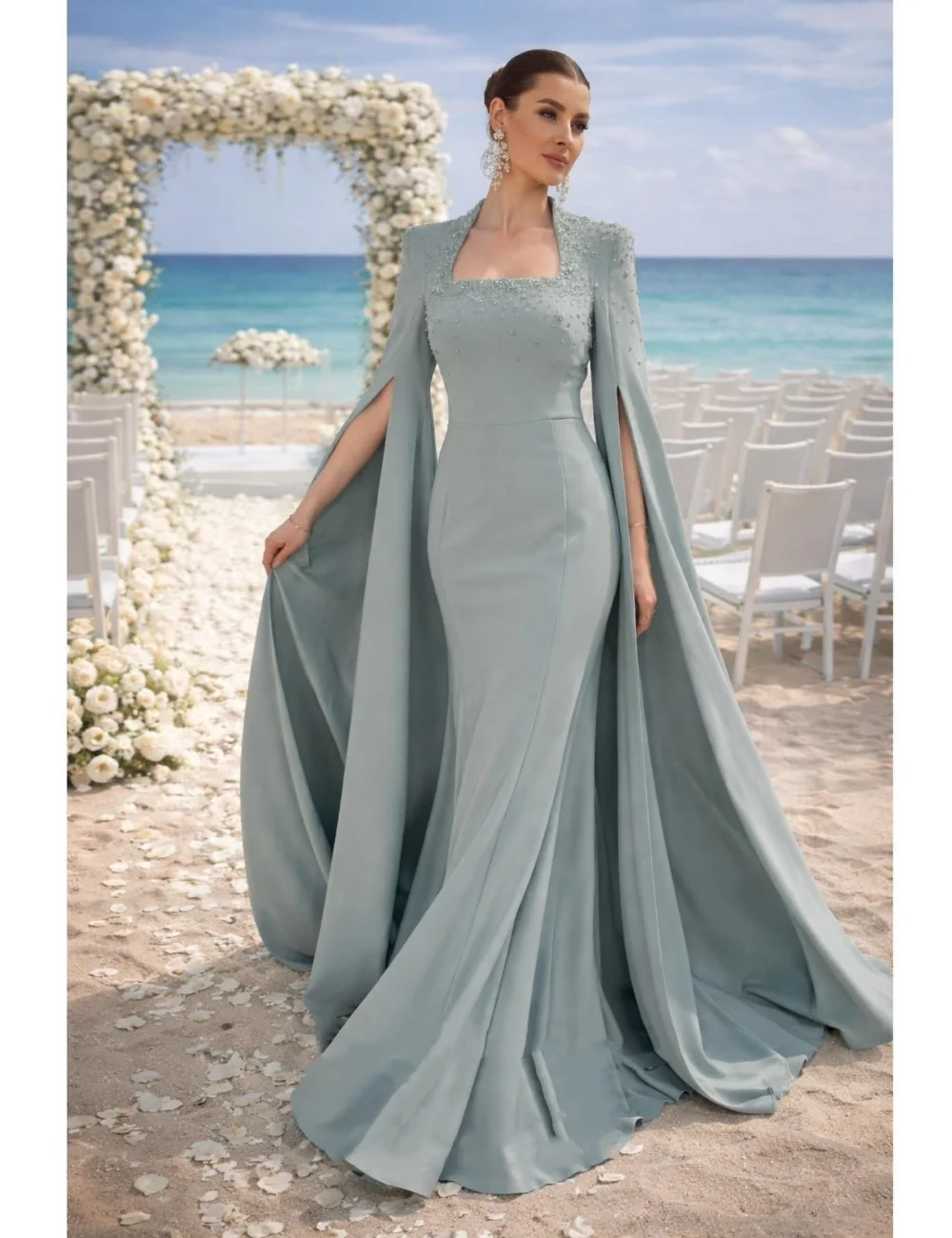 Customized Luxury Matching Jersey Pleat Beading Sequined Mermaid Square Neck Floor-Length Evening Dresses Fashion