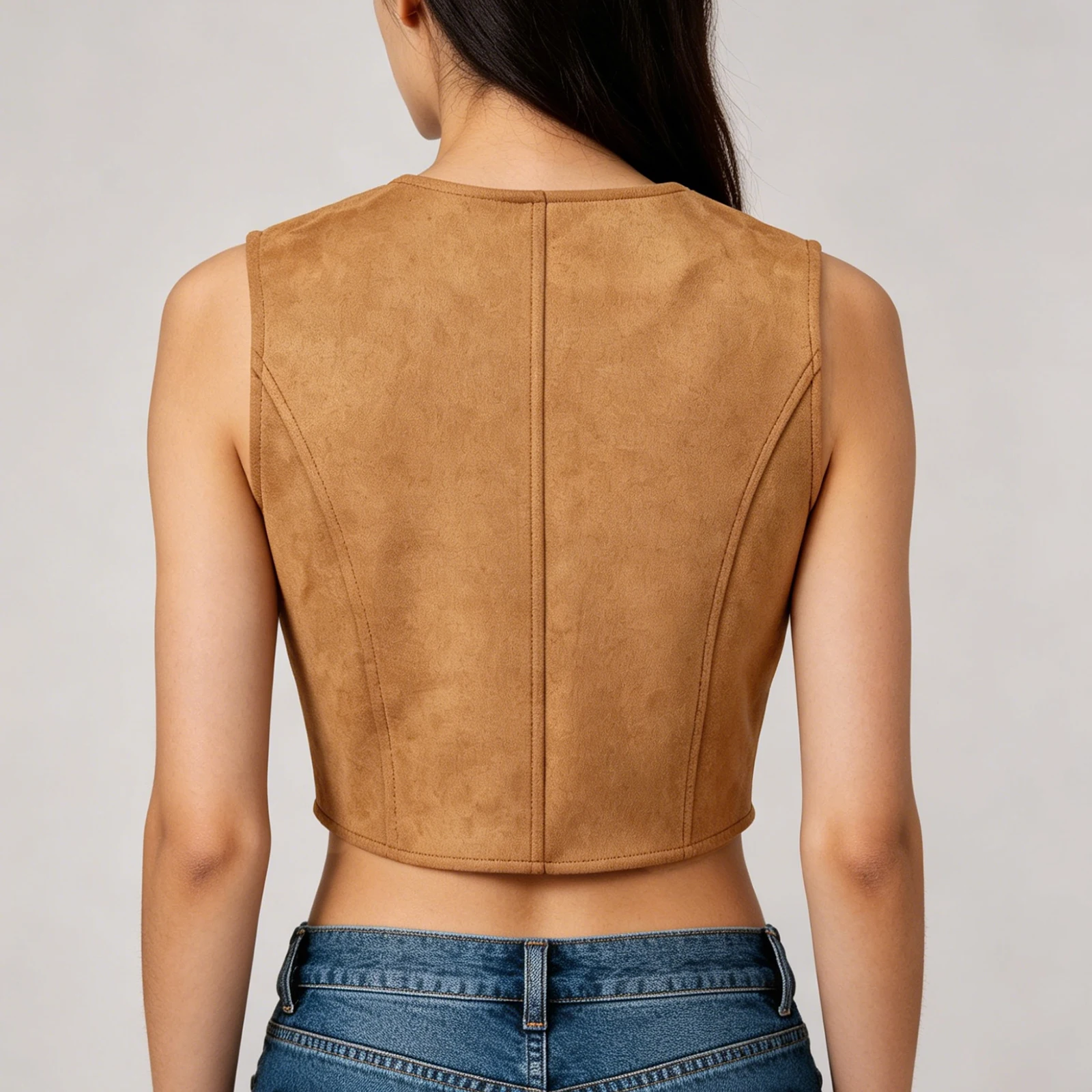 Women's Fall Winter Solid Color Vest Suede Texture Tassel Trim Sleeveless Jacket Casual Cropped Tan Waistcoat
