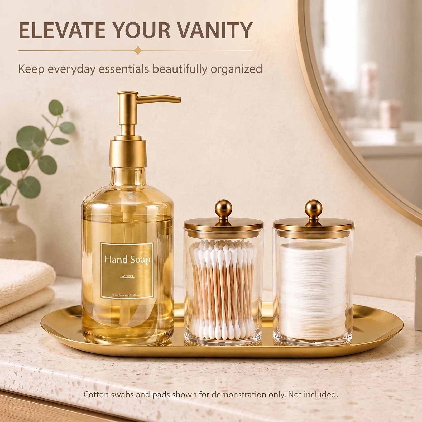 Bathroom Countertop Organizer 4-Piece Vanity Set with 500ml Plastic Hand Soap Dispenser 2 Plastic Cotton Swab Jars with Tray