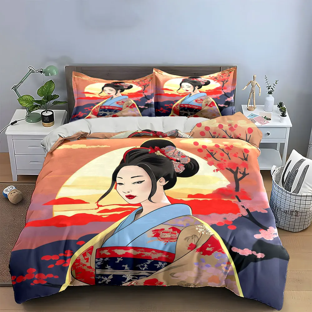 Japanese Ukiyo-e Geisha Bedding Set, Cherry Blossom Sunset Kimono Lady Print Duvet Cover Set, Oriental Art Soft Microfiber 3pc