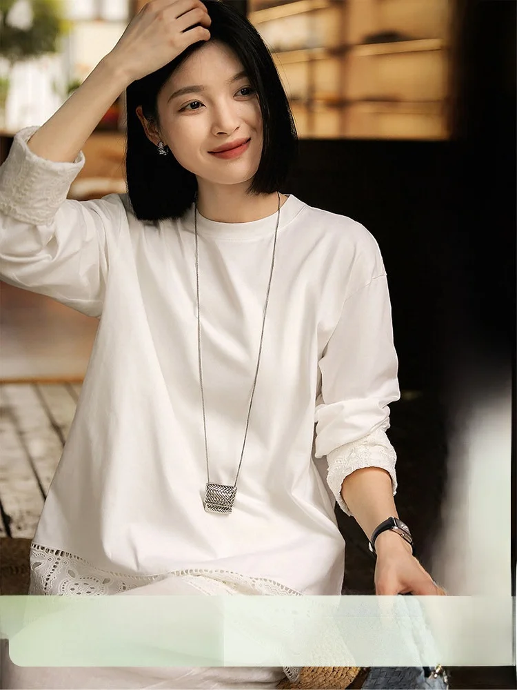 Spring Mist Rose Pure Color Casual round Neck Cotton T-Shirt Bottom Hem Hollow out Splice Design Breathable Thin Ladies Top