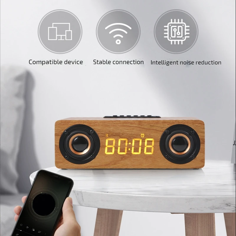 Fast Wireless Charger Wooden Wireless Bluetooth Speaker Alarm Clock 3D Stereo Boombox Soundbar