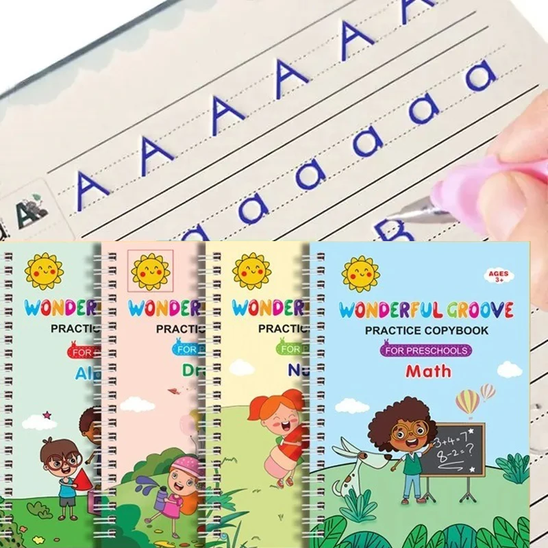 4 Books Pen Magic Copy Book Free Wiping Children Kids Writing Sticker Practice English Copybook For Calligraphy Montessori Gift