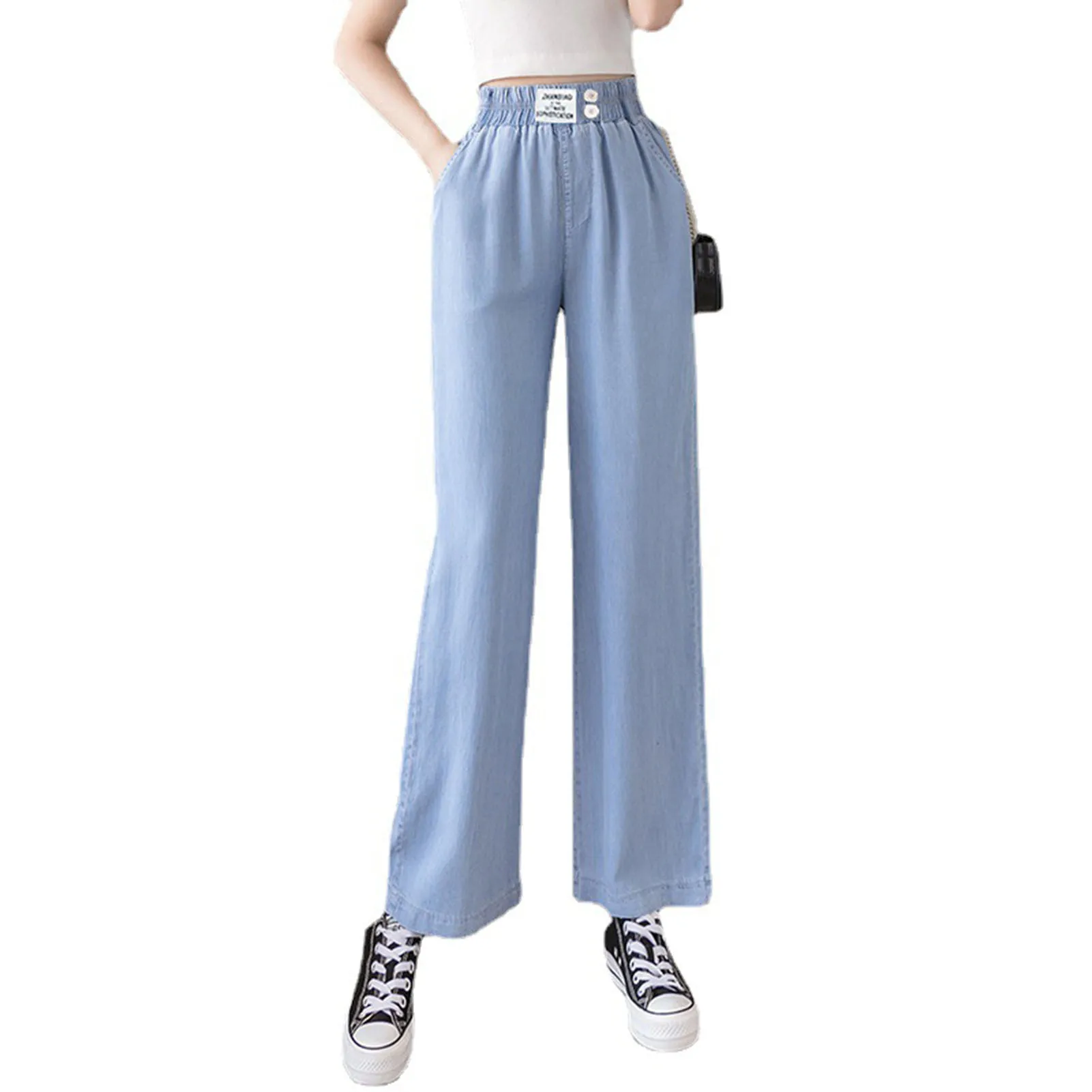 Summer Women Straight Jeans Elastic Waist Casual Jogger Pants Gift for Christmas Birthday New Year