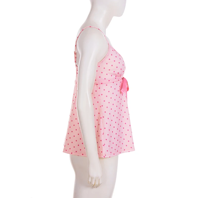 SUCHCUTE Chic Süße Nette Polka Dot Print Bogen Spitze-up Leibchen Frauen V-ausschnitt Ärmel Crop Top Y2k Streetwear schlank Tanks Sommer – Detail 5