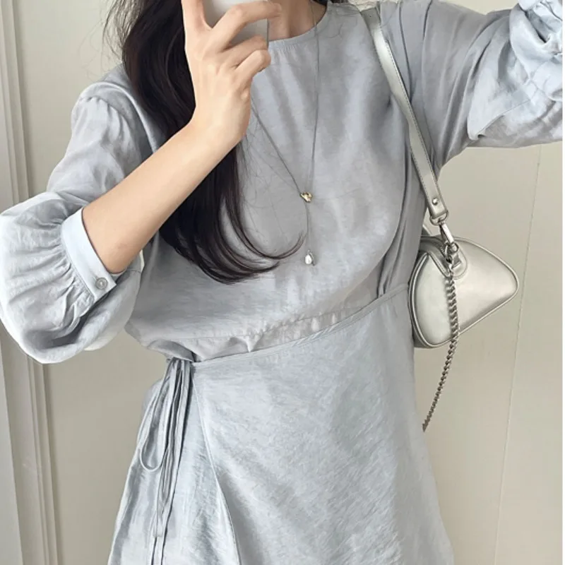 

Women's Chic Long Sve irt round Ne Tie Design Spring Autumn Faion Sensation False Two-Piece Bum Curtain Commute Sle