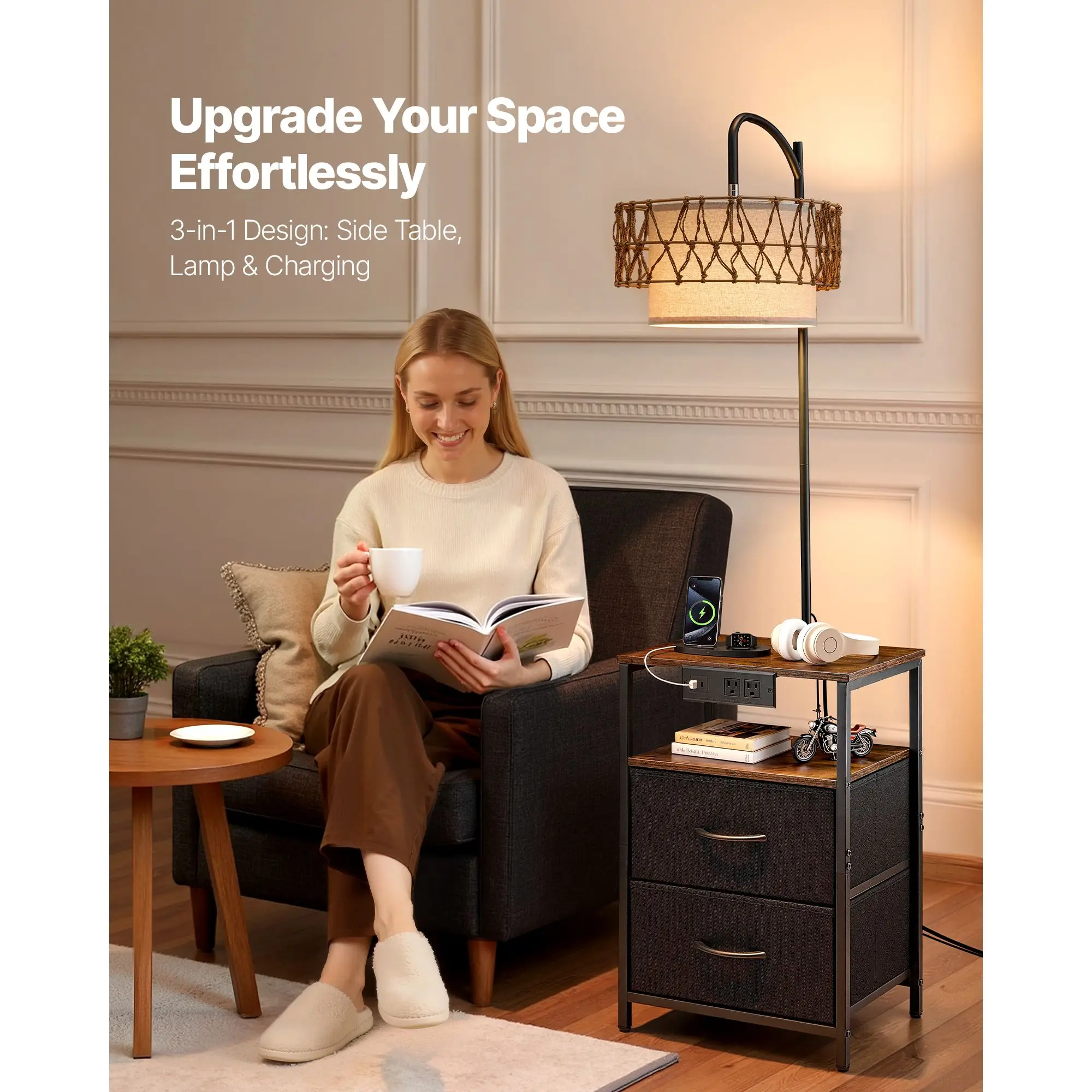 Floor Lamp with Table, 2-Tier End 2 Drawers and 3 Color Temperature LED Bulb, Modern Side Nightstand Bedside Desk USB & Type C