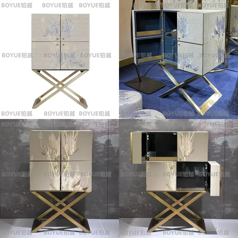 Luxury Retro Embroidered Solid Wood Wine Cabinet Modern Villa Living Room Wall Storage Decorative Display Shelf High End Home