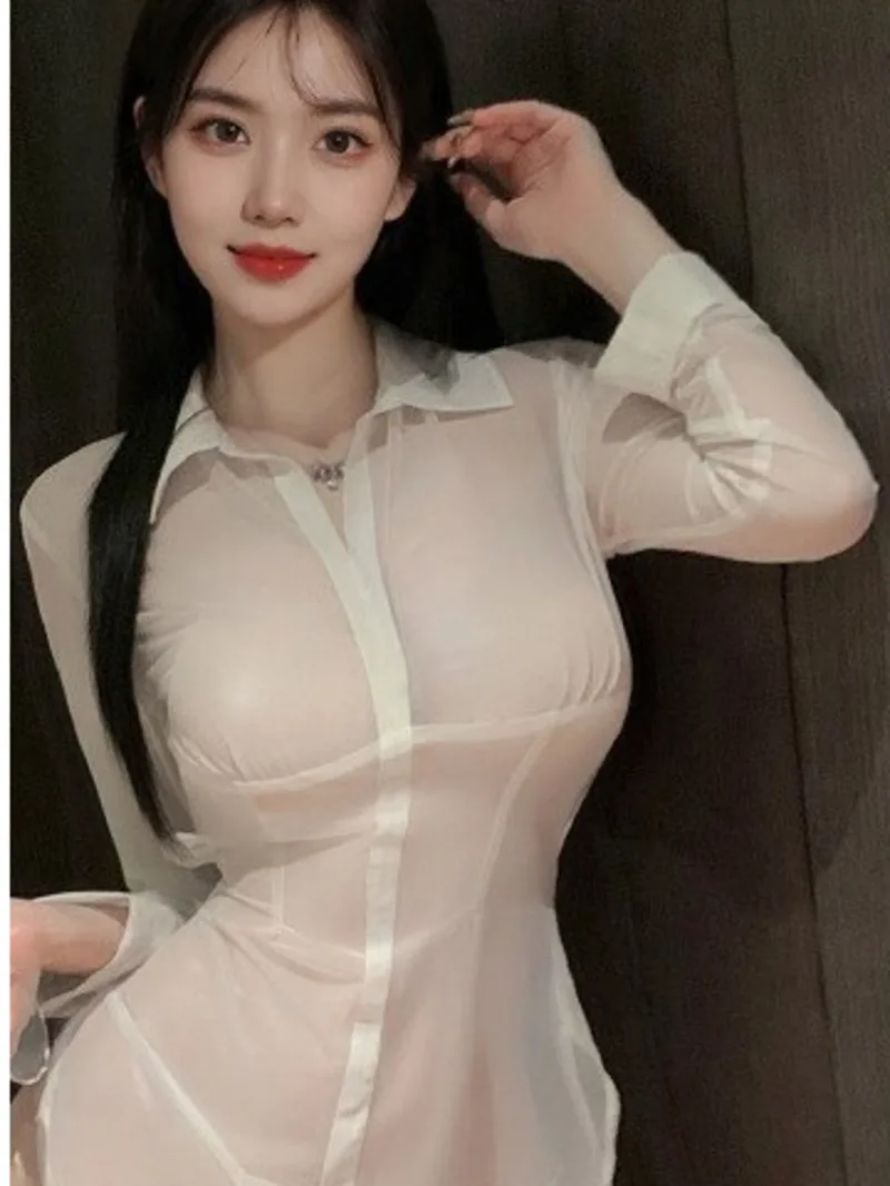 Vestido corto Sexy con cuello vuelto, parte de atrás bonita, escote en V profundo, camisa de secretaria OL dividida, camisas finas transparentes de encaje de malla elegante 8RWL