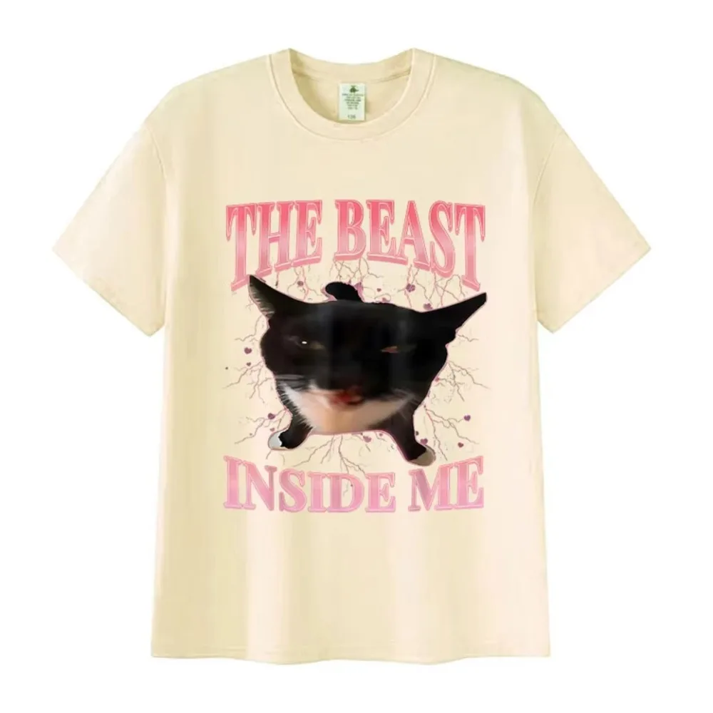 الوحش داخلي مضحك القط ميمي تي شيرت للرجل امرأة الصيف Harajuku تي شيرت تقليدي للجنسين عادية المتضخم تي شيرتات قطن