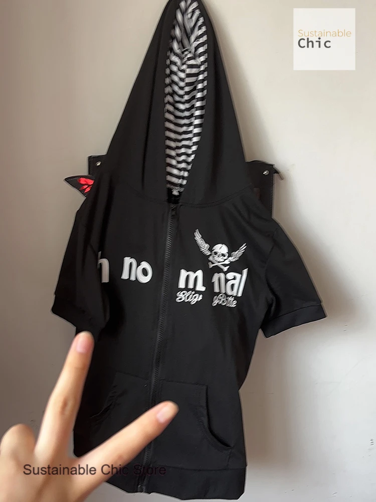 Summer new curtilage subculture skull print zipper cardigan short sleeve female Japanese slim spice striped hoodie top