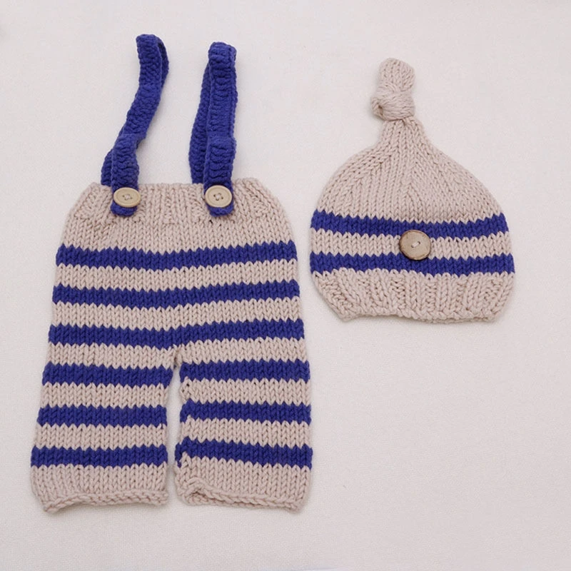 

Baby Photo Costume Knitted Pants and Hat 2pcs Sets Striped Outfits Clothes Newborn Girls Boys Photography Prop Crochet K