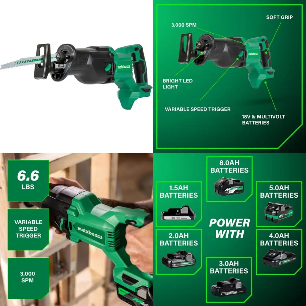 Sierra alternativa inalámbrica de 18 V con corte orbital, vibración reducida al 36%, longitud de carrera 1-1/8, 3000 SPM, luz LED, tecnología MultiVolt