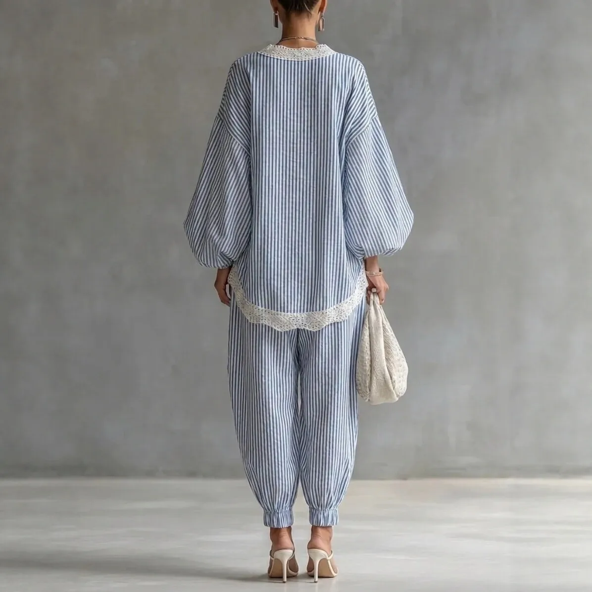 

Fashion Loose Blue Stripe Women's 2 Pieces Set 2026 Elegant Long Sleeve Shirt High Waist Wide Pants Set