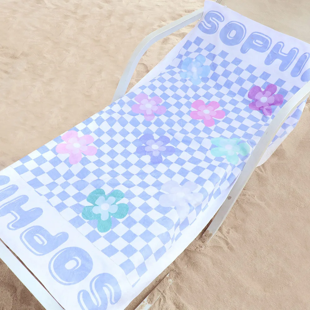 personalized Beach Towel Colored Checkered Flower Name Towel Bath Towel Swimming Pool Beach Name Towel Bath Towel