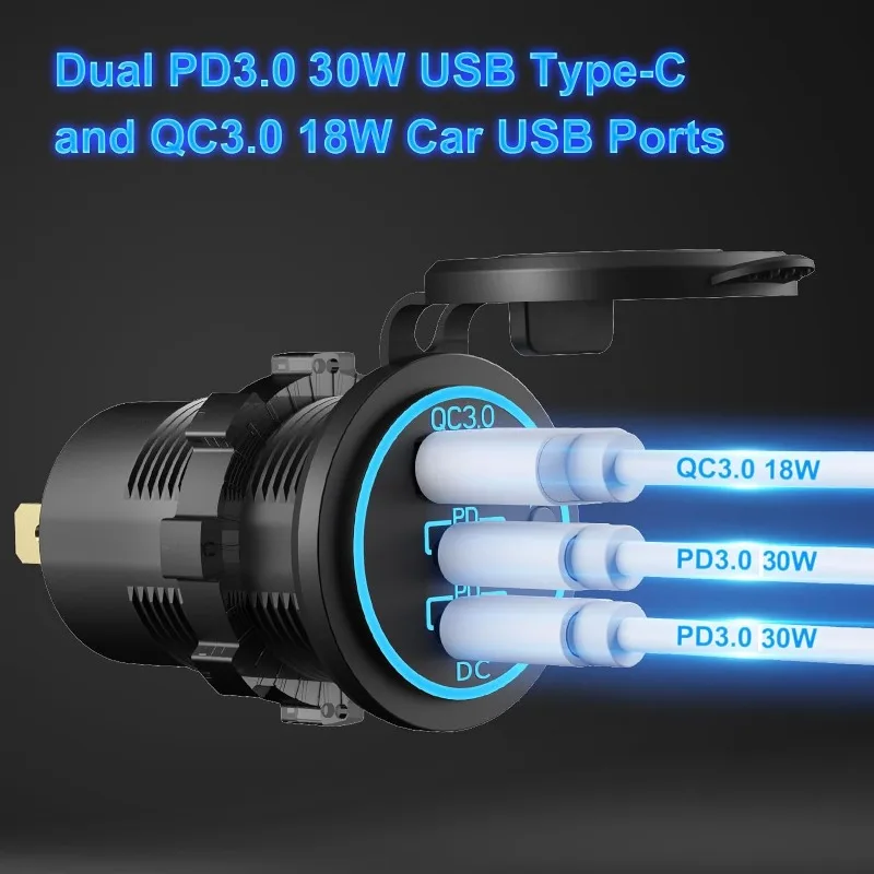 78W Dual PD QC3.0 Car USB Charger Socket with Switch Quick Charge 3.0 Socket Power Outlet for 12V/24V Car Motorcycle Truck Boat