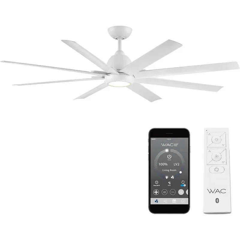 WAC Smart Fans Mocha XL Indoor and Outdoor 8-Blade Smart Home Ceiling Fan 66in Matte White with 3000K LED Light Kit