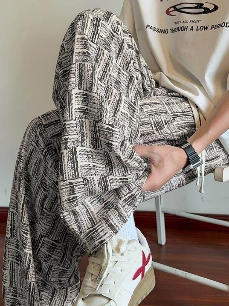Ice Silk Plaid Print Casual Pants Men Summer Trend Loose Straight Leg Wide Leg American Retro Long Trousers Fashionable Youth