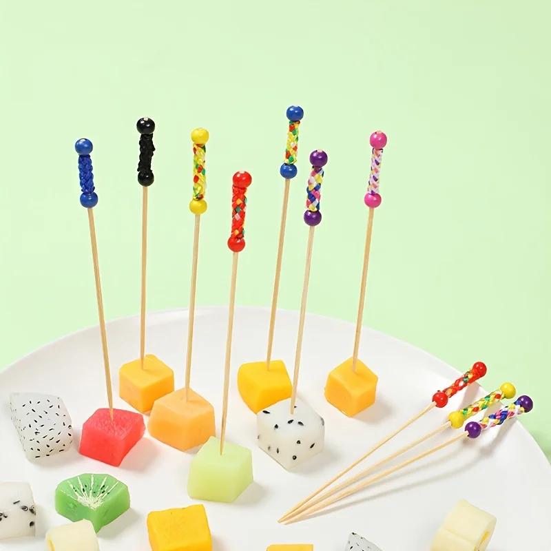 100 Palillos de Bambú Coloridos para Cócteles de Frutas - Palillos Desechables de Doble Punta para Sushi y Fiestas